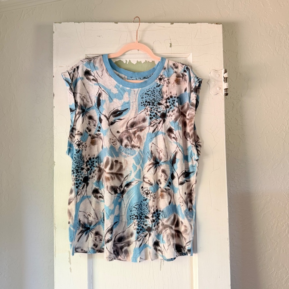 Anthropologie Pilcro Watercolor Floral Muscle Tee Sky Blue XL NWT